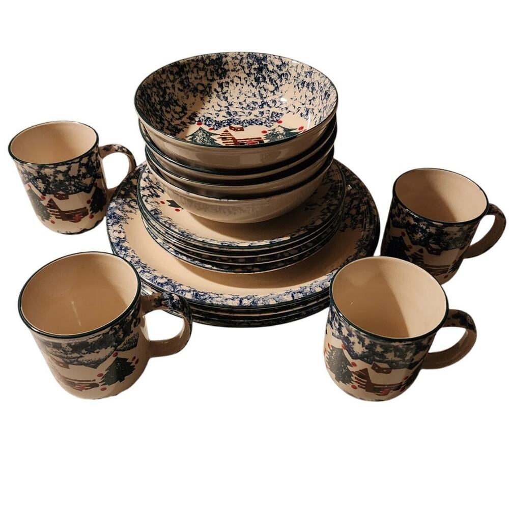 Tienshan Cabin In The Snow Folk Craft 16 Piece Dinnerware Set Holiday Christmas
